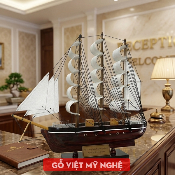 [Dài 32cm] Mô hình thuyền gỗ trang trí nhà cửa - quà tặng thuyền gỗ phong thủy thuận buồm xuôi gió