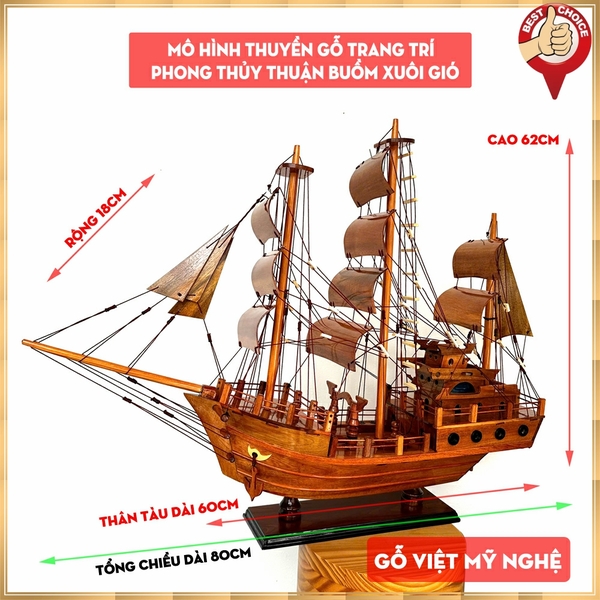 [Dài 75cm] Mô hình thuyền buồm gỗ trang trí phong thủy thuận buồm xuôi gió - quà tặng khai trương - quà Tân Gia -Gỗ Tràm