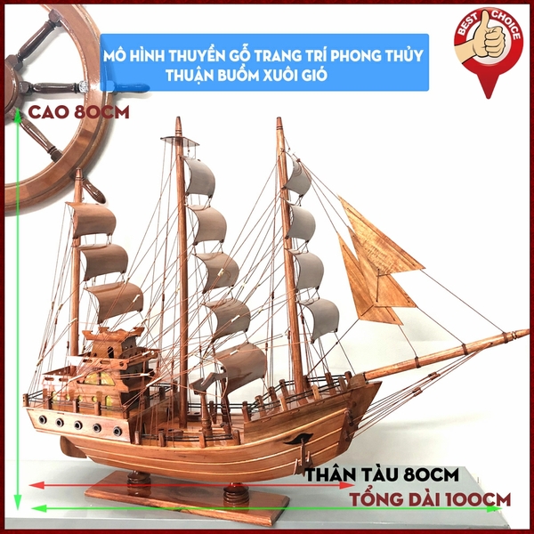 [Dài 100cm] Mô hình thuyền buồm gỗ trang trí phong thủy thuận buồm xuôi gió - quà tặng khai trương - quà Tân Gia -Gỗ Tràm