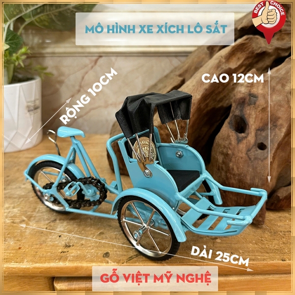 Mô hình xe xích lô sắt trang trí quà tặng đối tác bản sắc Việt Nam - Dài 25cm - Màu xanh da trời