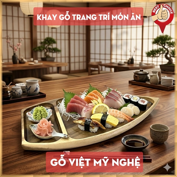 [Dài 30cm] Khay gỗ thuyền gỗ đựng sushi - khay gỗ thuyền sashimi thuyền gỗ sushi - Gỗ tràm