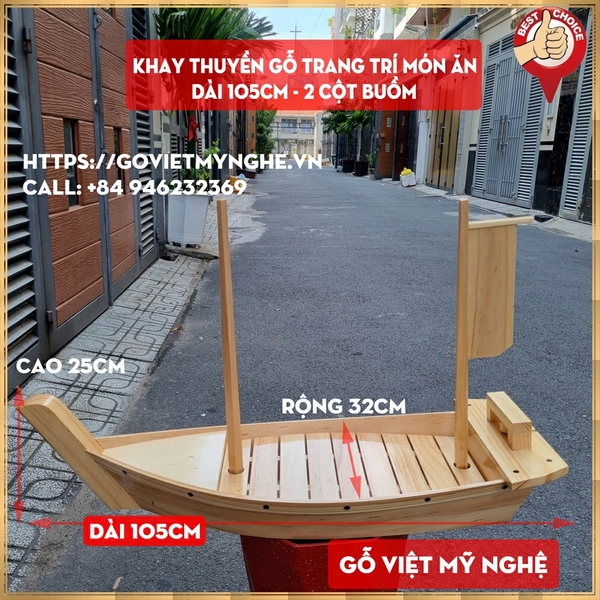 [Dài 105cm - 2 cột buồm] Khay gỗ đựng sushi - khay gỗ thuyền đựng sashimi thuyền gỗ sushi - Gỗ thông