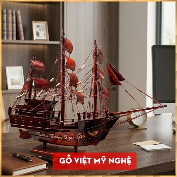 [Dài 55cm] Mô hình thuyền gỗ trang trí nhà cửa thuận buồm xuôi gió - Thân tàu dài 40cm - Gỗ Cẩm Lai