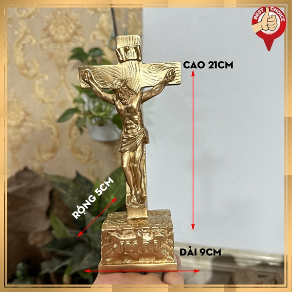 Tượng đá trang trí cây thánh giá hình chúa Jesus với chữ INRI - Chiều cao 21cm - Màu nhũ đồng