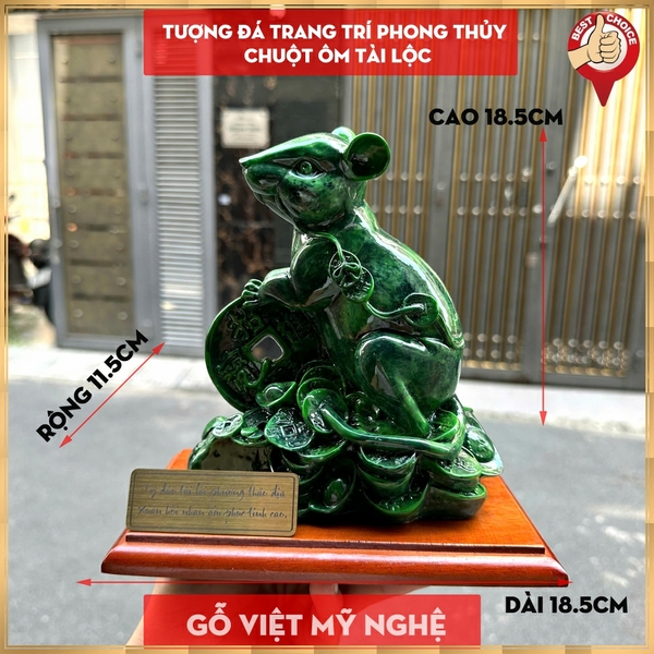 Tượng đá trang trí phong thủy tượng Chuột ôm tài lộc phong thủy cho gia chủ - Chiều cao 18.5cm - Xanh lục bích
