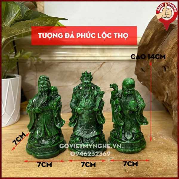 Bộ tượng đá trang trí phong thủy Tam đa Phúc Lộc Thọ - Chiều cao 14cm - Màu xanh lục bích