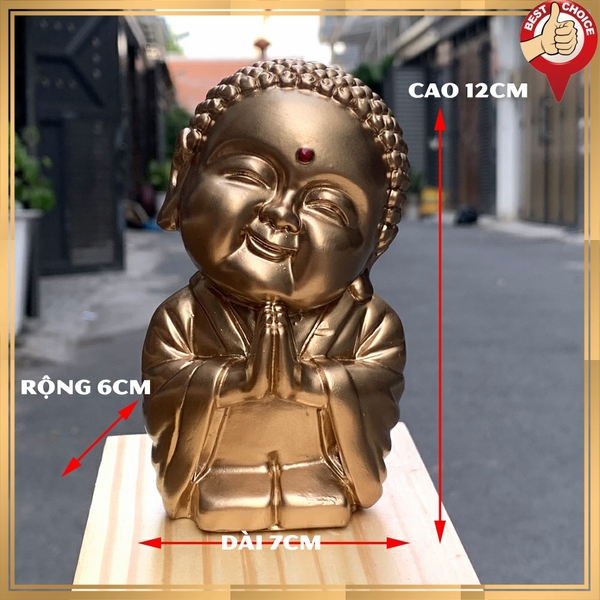 Tượng đá trang trí - Tượng đá chú tiểu cười vui vẻ an nhiên - Màu nhũ đồng - Size lớn - Cao 12cm