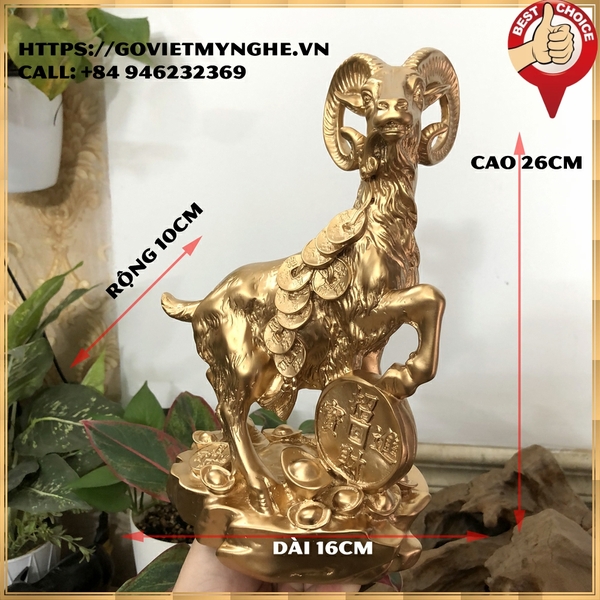 Tượng đá Dê phong thủy trang trí bàn làm việc mang may mắn tài lộc -  Chiều cao 26cm - Màu nhũ đồng