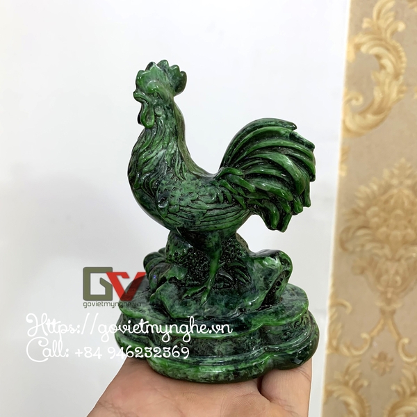 Tượng đá con gà trống trang trí phong thủy để bàn làm việc - Cao 12cm - Màu xanh lục bích