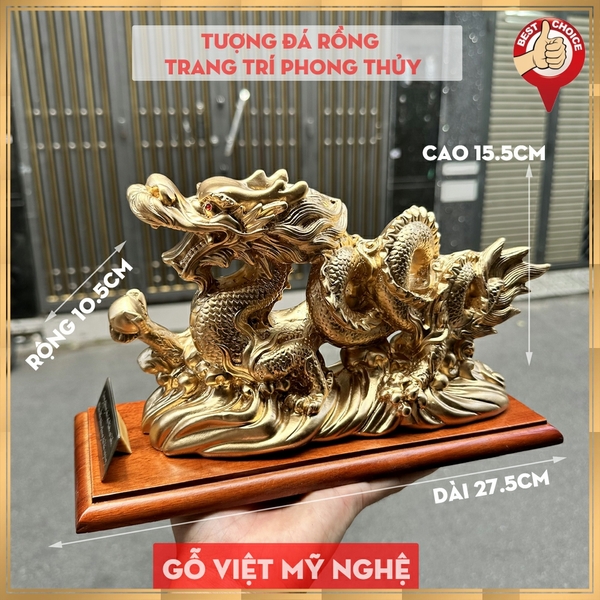 Tượng đá Rồng phong thủy trang trí bàn làm việc mang may mắn cát tường - Dài 26cm - Màu nhũ đồng