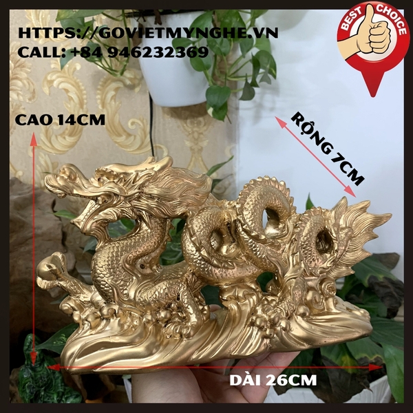 Tượng đá Rồng phong thủy trang trí bàn làm việc mang may mắn cát tường | Dài 26cm - Màu nhũ đồng
