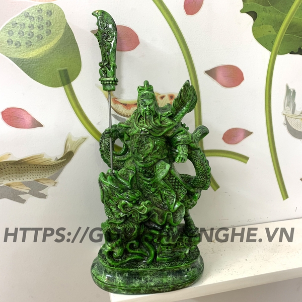 Tượng đá phong thủy Quan Công cầm đao cưỡi Rồng - Cao 25cm - Màu Xanh Lục Bích