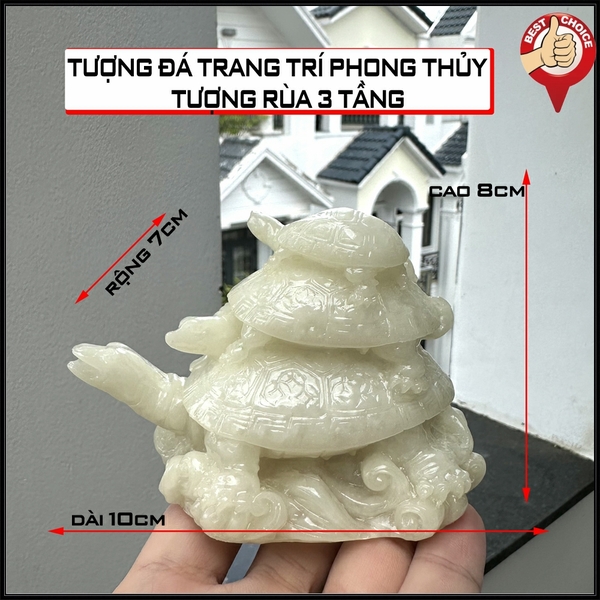 Tượng đá con Rùa trang trí phong thủy -  Chiều cao 8cm - Màu trắng đá non nước