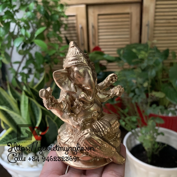 Tượng đá trang trí Thần voi Ganesha - Chiều cao 10cm - Màu nhũ đồng