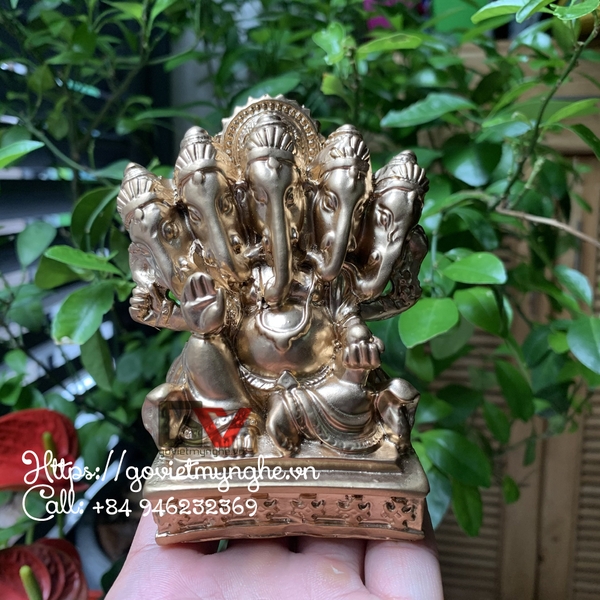 Tượng đá trang trí Thần voi Ganesha 5 đầu- Chiều cao 10cm - Màu nhũ đồng