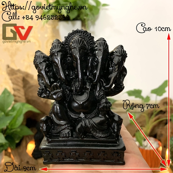 Tượng đá trang trí Thần voi Ganesha 5 đầu- Chiều cao 10cm - Màu Đen