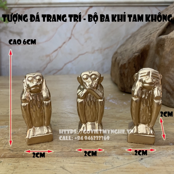 Tượng đá trang trí bộ ba khỉ tam không - cỡ mini cao 6cm - Màu nhũ đồng