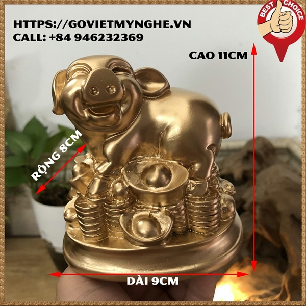 Tượng đá con Heo tượng đá trang trí phong thủy bàn làm việc cho tuổi Hợi - Chiều cao 11cm - Màu nhũ đồng