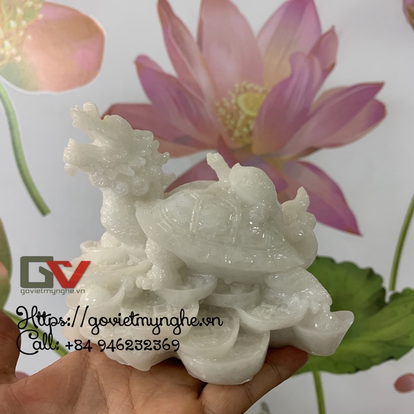 Tượng đá long quy - Rùa đầu rồng trang trí phong thủy - Cao 10cm - Màu trắng đá non nước