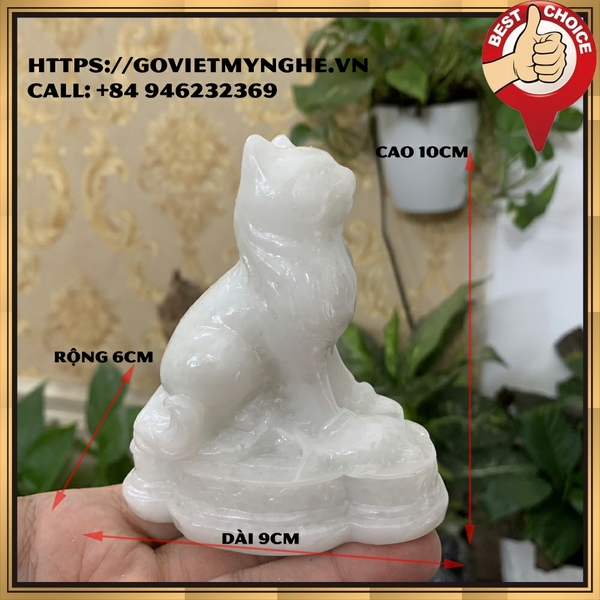 Tượng đá con Mèo cát tường trang trí phong thủy bàn làm việc - Cao 10cm - đá trắng