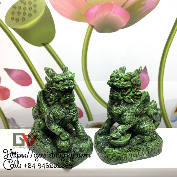 Cặp 2 tượng đá Tỳ Hưu 2 sừng trang trí phong thủy nhà cửa - Chiều cao 14cm - Màu xanh lục bích