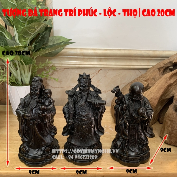 Bộ tượng đá trang trí phong thủy Tam đa Phúc Lộc Thọ - Chiều cao 20cm - Màu nâu đen