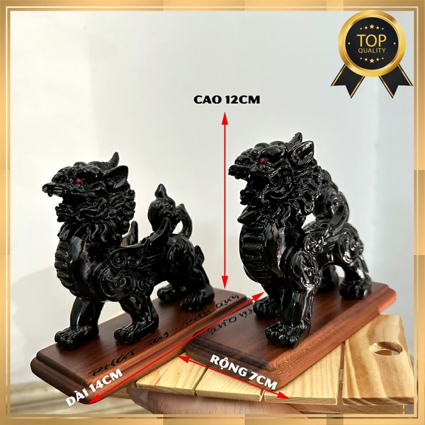 Cặp 2 tượng đá Tỳ Hưu 1 sừng trang trí phong thủy kèm đế gỗ - Cao 12cm - Màu đen tuyền