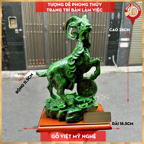 Tượng đá Dê phong thủy trang trí bàn làm việc mang may mắn tài lộc -  Chiều cao 28cm - Xanh lục bích
