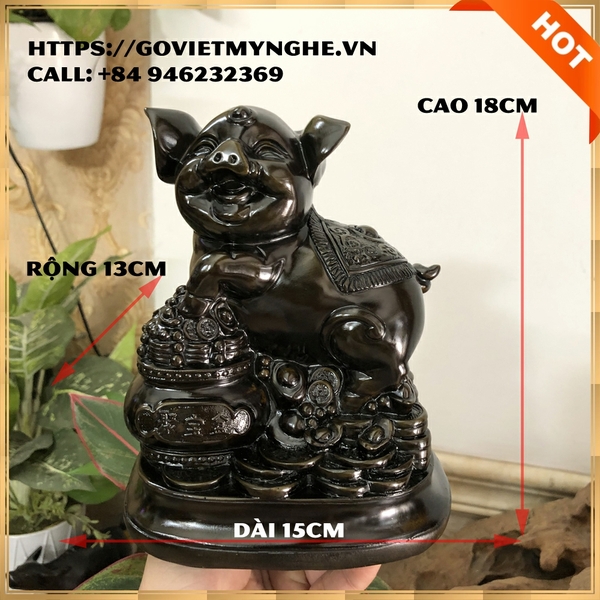 Tượng đá con Heo tượng đá trang trí phong thủy bàn làm việc cho tuổi Hợi - Chiều cao 18cm - Màu nâu đen