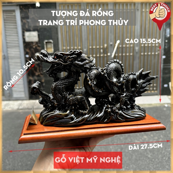 Tượng đá Rồng phong thủy trang trí bàn làm việc mang may mắn cát tường - Dài 26cm - Màu nâu đen