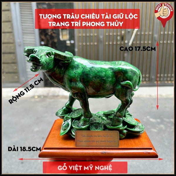 Tượng đá trang trí phong thủy - Tượng con Trâu chiêu giữ tài lộc phong thuỷ cho gia chủ - Cao 17.5cm- Xanh lục bích