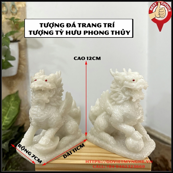 Cặp 2 tượng đá trang trí phong thủy - Tỳ Hưu 2 sừng phong thủy nhà cửa - Đá non nước - Cao 12cm