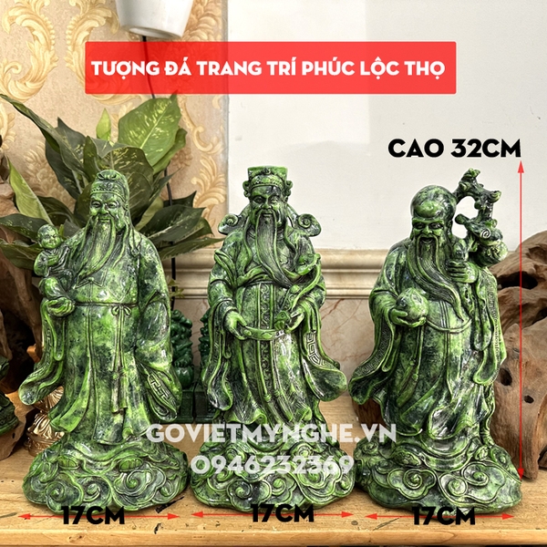 Bộ tượng đá trang trí phong thủy Tam đa Phúc Lộc Thọ - Chiều cao 32cm - Màu xanh lục bích