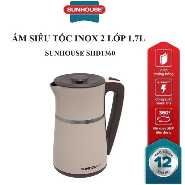 Ấm siêu tốc Inox 2 lớp 1.7L Sunhouse SHD1360