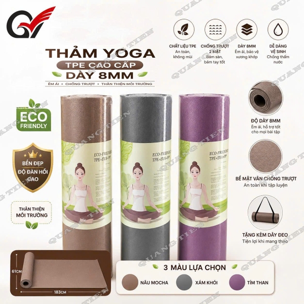 Thảm Yoga Eco Friendly 8mm Cao Cấp TPE Chống Trượt Êm Ái Bảo Vệ Khớp Tạ Yoga Pilates Gym Tại Nhà
