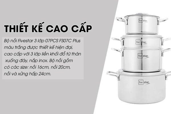 Bộ 4 Nồi Inox 304 3 Lớp Roman Fivestar Nắp Inox 07pcs