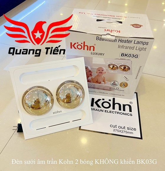 Đèn sưởi nhà tắm 2 bóng âm trần Kohn BK03GR (điều khiển từ xa)