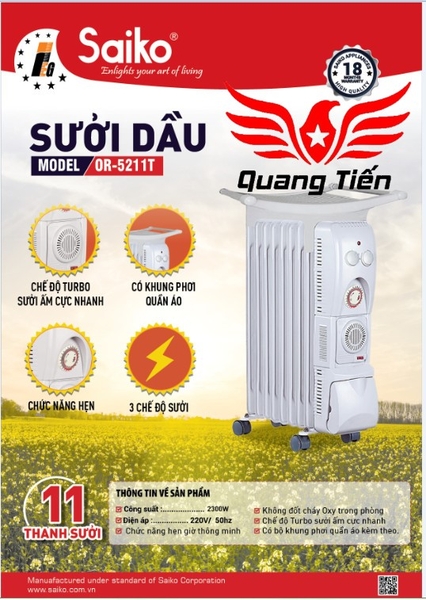 Máy Sưởi Dầu Saiko OR-5211T 11 Thanh 2300W