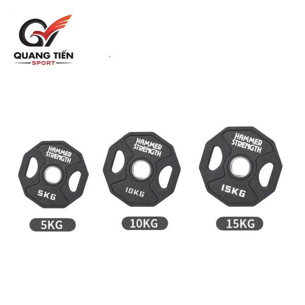 Tạ bánh cao su lõi thép Hammer Strength màu đen cao cấp lỗ 50 nhập khẩu (giá theo set 2.5 - 25kg)