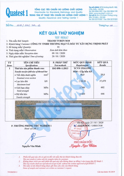 Kết quả thử nghiệm Quatest 1 độ bền của thanh ren M10 