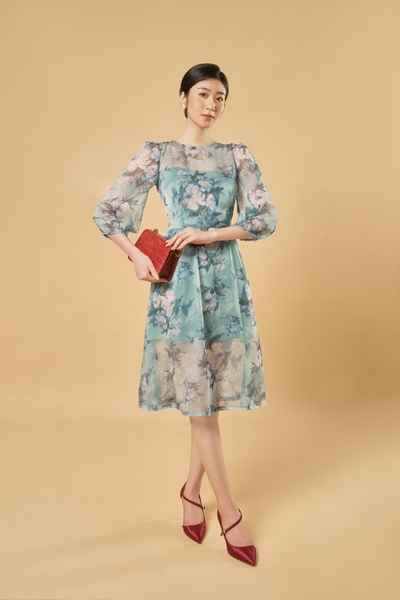 Váy Voan lụa hoa 3D xanh Bạc Hà V2103015