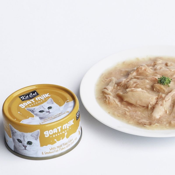 Kit Cat White Meat Tuna Flakes & Smoked Fish Flakes With Goat Milk - Thức ăn thịt cá ngừ trắng , cá xông khói và sữa dê cho mèo 60g