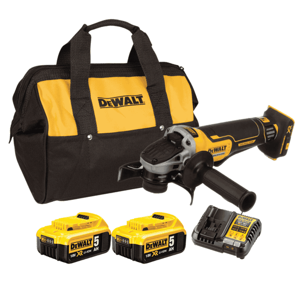 Dewalt DCG413BP2 Máy mài góc pin 20Vmax/BL (Thân máy + 2 Pin DCB184 5Ah + Sạc DCB1104 + Túi vải)