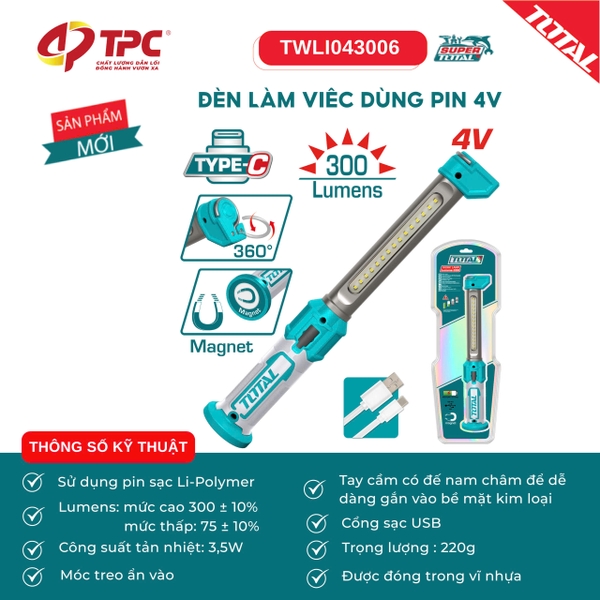 Đèn làm việc dùng pin 4V Total TWLI043006