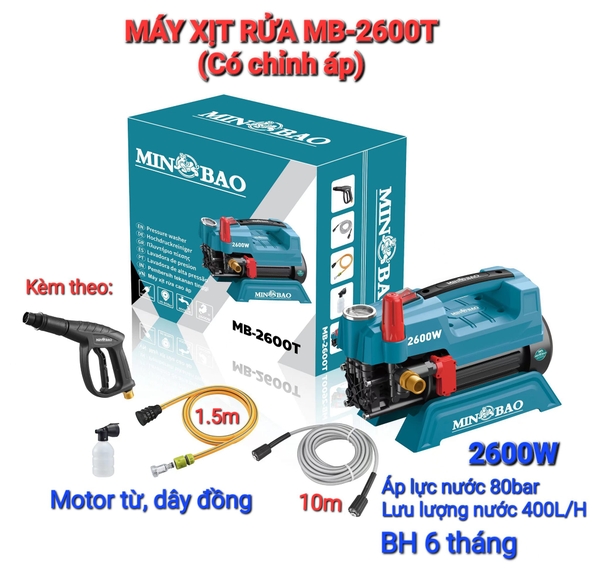 Máy xịt rửa xe áp lực cao có chỉnh áp 2600W MINBAO MB-2600T