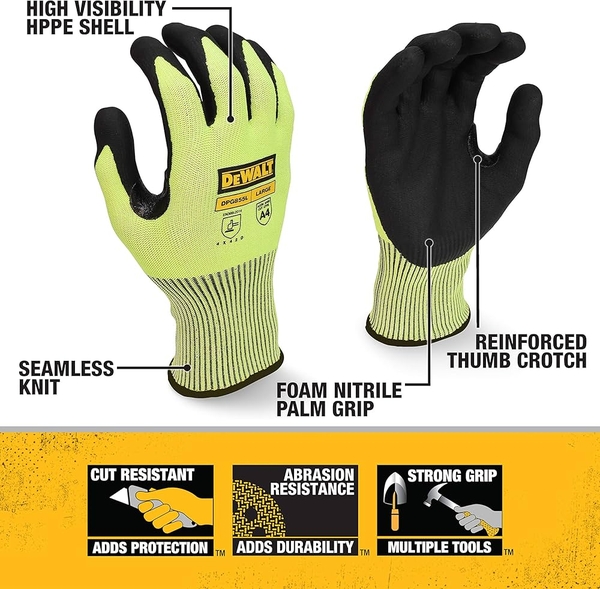 GĂNG TAY DEWALT DPG855L - DEWALT DPG855 HI-VIS CUT D GRIP GLOVE