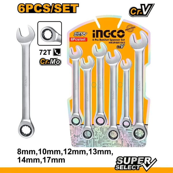 Bộ 6 Cờ Lê Miệng Vòng Tự Động (8-17Mm) HKSPAR1062 INGCO