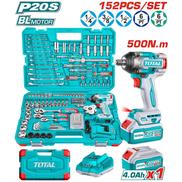 Bộ 152 món bao gồm máy siết buloong TIWLI2050 không chổi than dùng pin 20V THKTHP31522 TOTAL
