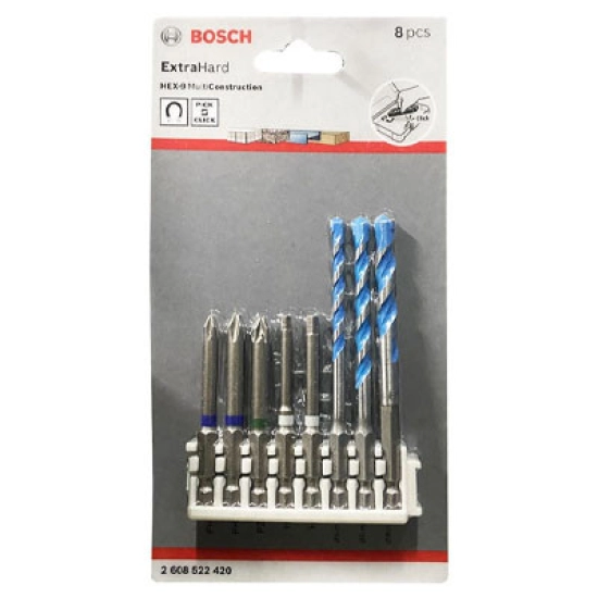 Đầu vặn vít extra hard 65mm (5 món) và bộ 3 mũi khoan Multi-construction Bosch 2608522420