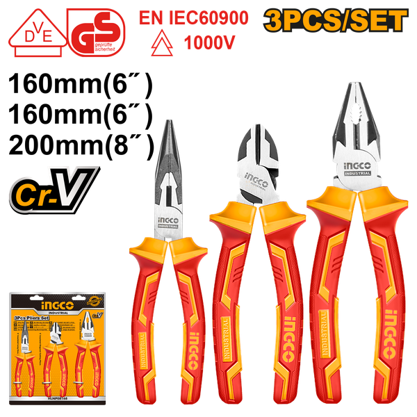 Bộ 3 Kềm Răng, Cắt, Mũi Nhọn Cách Điện HIKPS28318 INGCO